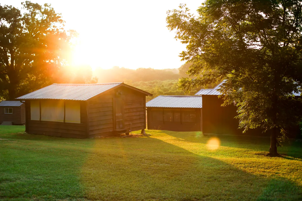Wooden cabins under the pines at Camp Huawni, lit by golden evening light