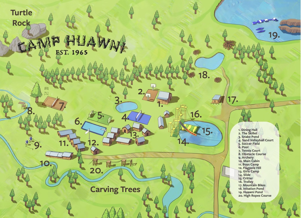 Hand-drawn map of the Camp Huawni property, cabins, pond, and activity areas
